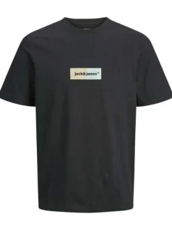 T-shirt en coton noir uni à coupe droite avec un petit imprimé rectangle