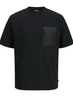 T-shirt en coton noir uni à coupe droite et à col rond avec une poche zippée