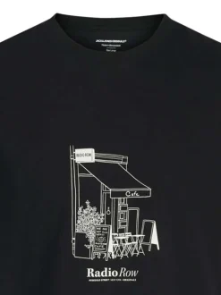 T-shirt en coton noir uni à coupe droite imprimé devanture d'un café