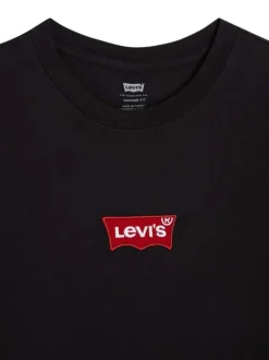 T-shirt en coton noir uni droit à col rond avec étiquette de la marque