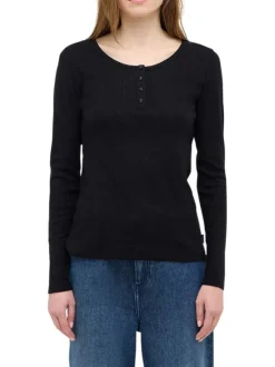 T-shirt en coton noir uni en maille ajourée avec un col tunisien
