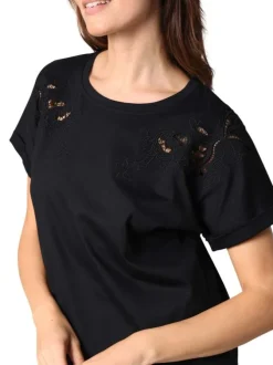 T-shirt en coton noir uni orné de broderies avec col rond et manches courtes