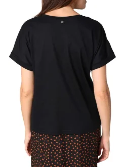 T-shirt en coton noir uni orné de broderies avec col rond et manches courtes