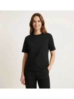 T-shirt en coton noir uni pourvu de manches courtes et d'un col rond