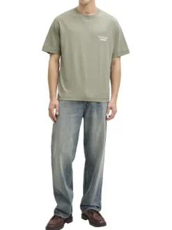 T-shirt en coton olive imprimé à coupe droite pourvu d'un col rond