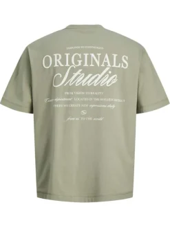T-shirt en coton olive imprimé à coupe droite pourvu d'un col rond