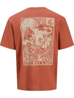 T-shirt en coton orange avec imprimé japonais au dos, coupe droite et col rond