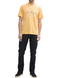 T-shirt en coton orange à fines rayures avec un col rond et un gros imprimé