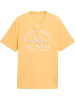 T-shirt en coton orange à fines rayures avec un col rond et un gros imprimé