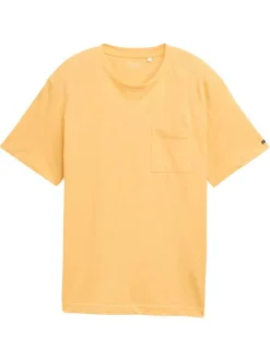 T-shirt en coton orange rayé à col rond avec une petite poche à la poitrine