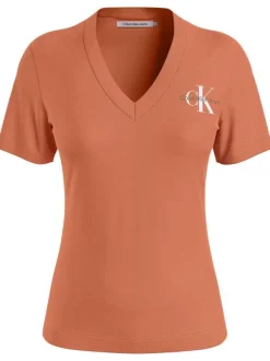 T-shirt en coton orange uni avec une coupe droite et un col v en bord côte