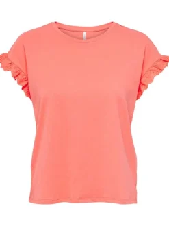 T-shirt en coton pêche avec des manches courtes volantées et un col rond
