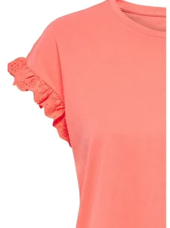 T-shirt en coton pêche avec des manches courtes volantées et un col rond