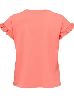 T-shirt en coton pêche avec des manches courtes volantées et un col rond