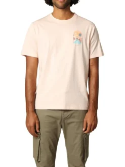 T-shirt en coton pêche imprimé avec une coupe droite et un col rond