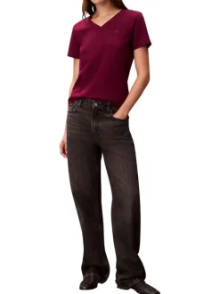 T-shirt en coton prune uni avec une coupe droite et un col V