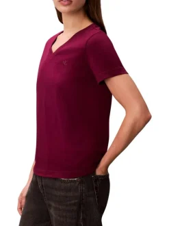 T-shirt en coton prune uni avec une coupe droite et un col V