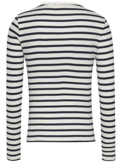 T-shirt en coton régénératif blanc rayé ajusté à col rond à boutons