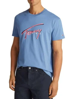 T-shirt en coton régénératif bleu à imprimé signature, coupe droite et col rond
