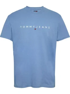 T-shirt en coton régénératif bleu uni à coupe droite, col rond avec marque