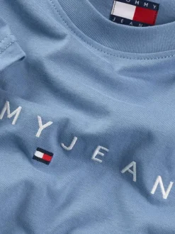 T-shirt en coton régénératif bleu uni à coupe droite, col rond avec marque
