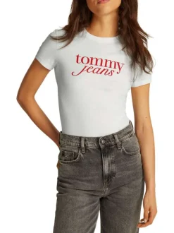 T-shirt en coton régénératif écru à imprimé rouge avec coupe droite et col rond