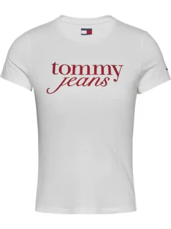 T-shirt en coton régénératif écru à imprimé rouge avec coupe droite et col rond