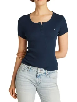 T-shirt en coton régénératif marine uni ajusté à col rond à boutons