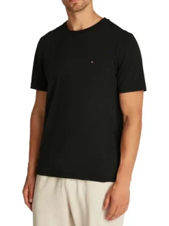 T-shirt en coton régénératif noir uni droit à col rond avec logo brodé