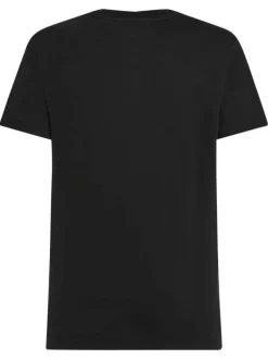 T-shirt en coton régénératif noir uni droit à col rond avec logo brodé