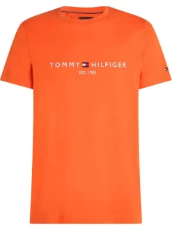 T-shirt en coton régénératif orange avec imprimé de la marque et coupe droite