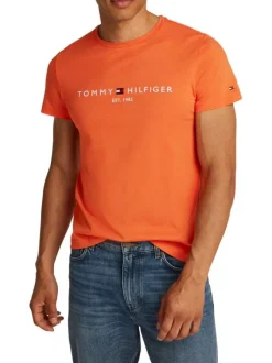 T-shirt en coton régénératif orange avec imprimé de la marque et coupe droite