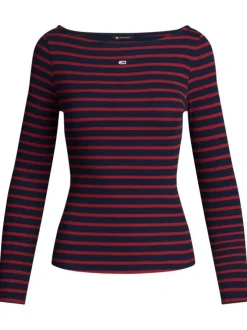 T-shirt en coton régénératif rouge et bleu à rayures ajusté et col bateau