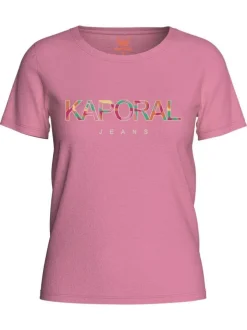 T-shirt en coton rose avec le nom de la marque imprimé à l'avant et à col rond