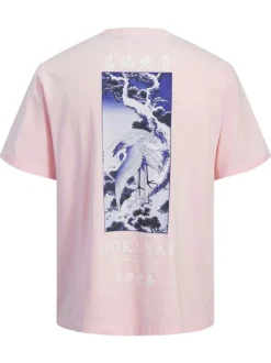 T-shirt en coton rose à coupe droite pourvu d'un col rond côtelé