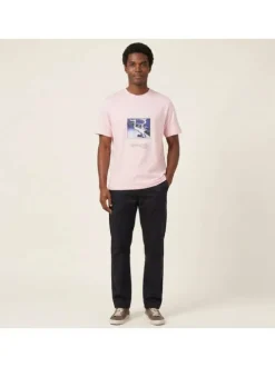 T-shirt en coton rose à coupe droite pourvu d'un col rond côtelé