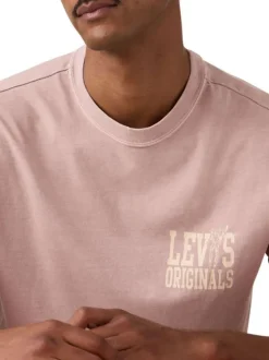 T-shirt en coton rose à coupe droite pourvu d'un col rond côtelé