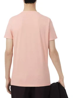 T-shirt en coton rose à coupe droite pourvu d'un col rond côtelé