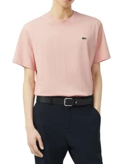 T-shirt en coton rose à coupe droite pourvu d'un col rond côtelé