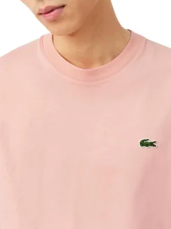 T-shirt en coton rose à coupe droite pourvu d'un col rond côtelé