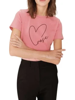 T-shirt en coton rose imprimé avec une coupe droite et un col rond
