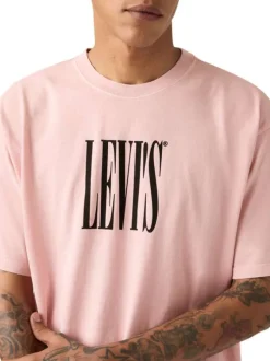 T-shirt en coton rose imprimé à coupe droite pourvu d'un col rond