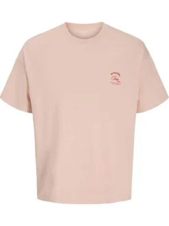 T-shirt en coton rose imprimé à coupe droite pourvu d'un col rond