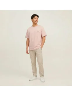 T-shirt en coton rose imprimé à coupe droite pourvu d'un col rond