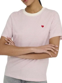 T-shirt en coton rose à rayures avec une coupe droite et un col rond