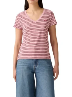 T-shirt en coton rose à rayures horizontales avec une coupe droite et un col v