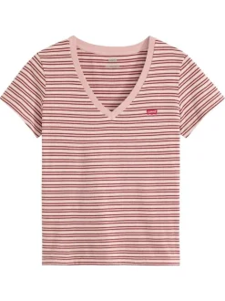 T-shirt en coton rose à rayures horizontales avec une coupe droite et un col v