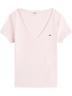 T-shirt en coton rose uni avec une coupe ajustée et un col v