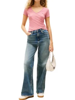T-shirt en coton rose uni avec une coupe droite et un col v