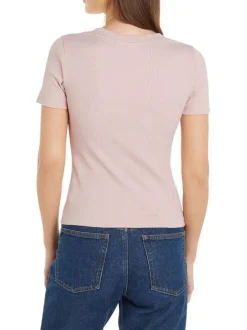 T-shirt en coton rose uni avec une coupe droite un col v et logo à l'avant